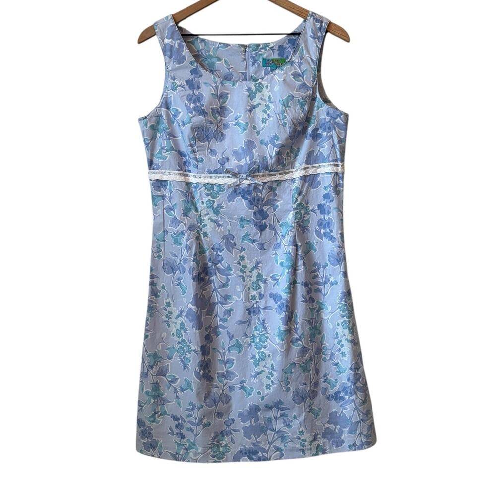 90s VTG Tahiti Reef Club Floral Hawaiian Dress M Sleeveless Cotton Stretch Blue